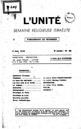 L'Unité : Semaine religieuse israélite. 2ème Année N° 23 (8 juin 1945)